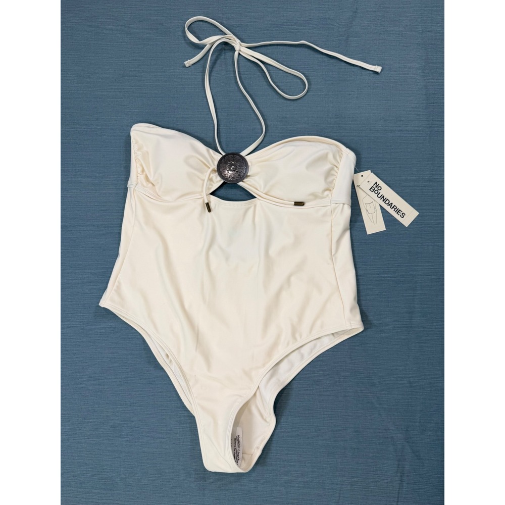 No Boundaries Cream White Halter One Piece Swimsuit XL Medallion Boho Cutout NWT